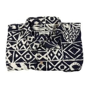 Vintage Black White 100% Silk Tribal Tropical Pineapple Hawaiian Shirt XXL